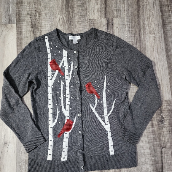 Gray Cardigan Sweater with Red Bird Design - Picture 4 of 5